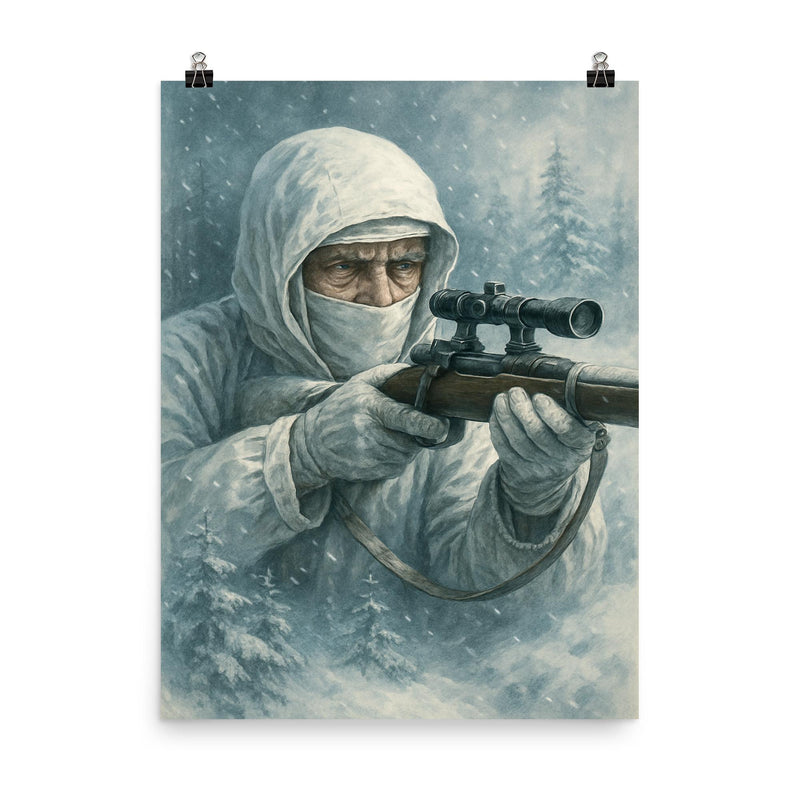 Simo Häyhä in white camouflage silence poster on a plain backdrop in size 8