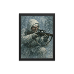 Simo Häyhä in white camouflage snowfall framed print on a plain backdrop in size 12"x16".