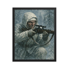 Simo Häyhä in white camouflage snowfall framed print on a plain backdrop in size 16"x20".
