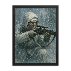 Simo Häyhä in white camouflage snowfall framed print on a plain backdrop in size 18"x24".