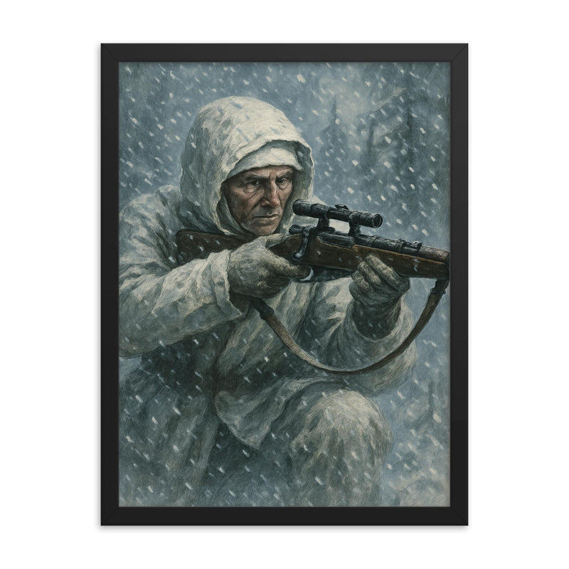 Simo Häyhä in white camouflage snowfall framed print on a plain backdrop in size 18