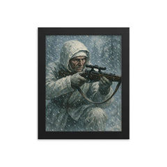 Simo Häyhä in white camouflage snowfall framed print on a plain backdrop in size 8"x10".