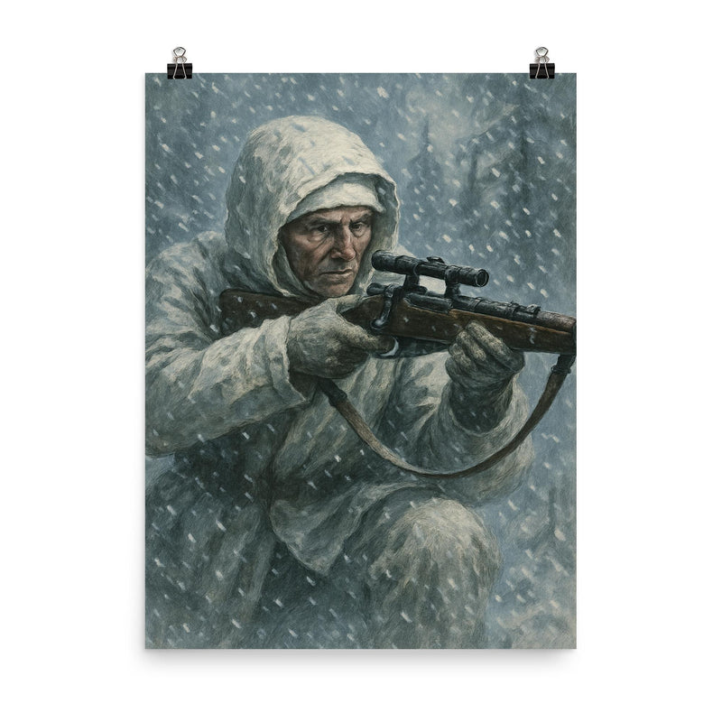 Simo Häyhä in white camouflage snowfall poster on a plain backdrop in size 8