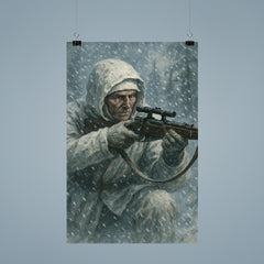 Simo Häyhä in white camouflage snowfall poster 9