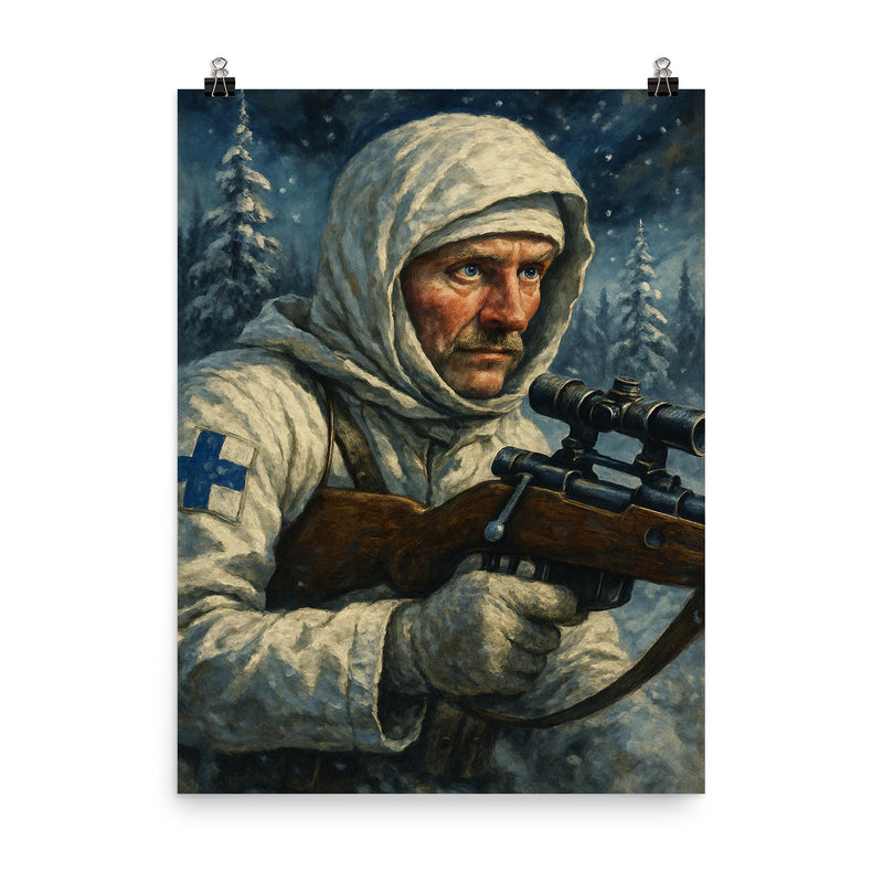 Simo Häyhä poster on a plain backdrop in size 8