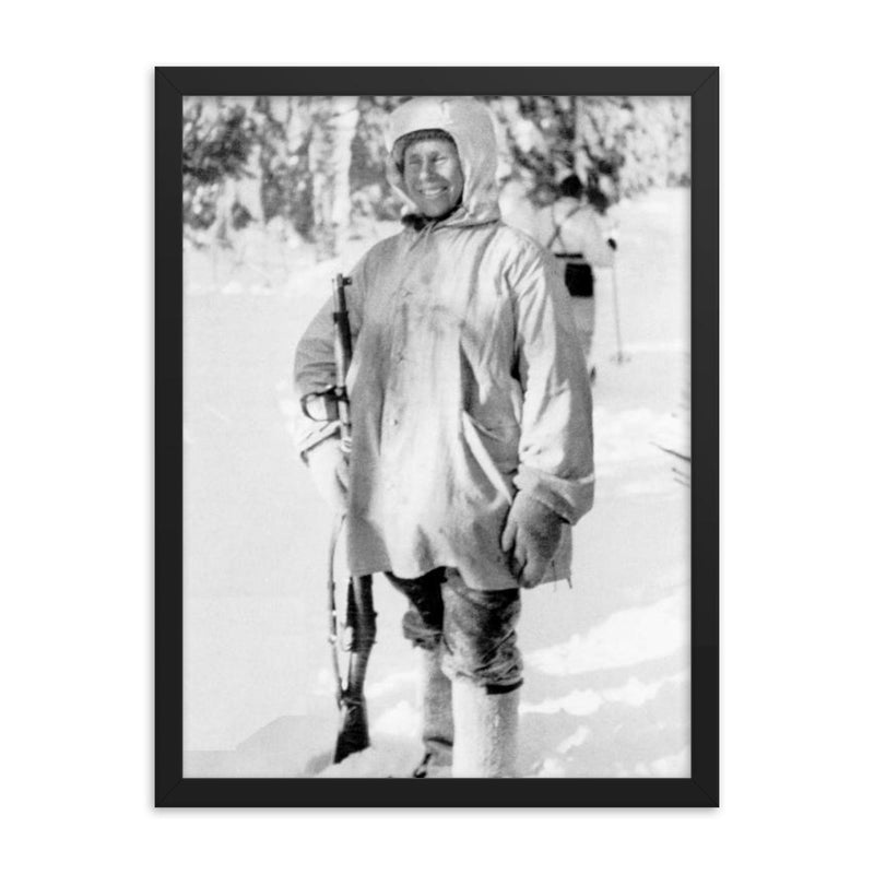 Simo Hayha framed print on a plain backdrop in size 18