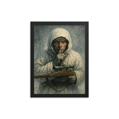 Simo Hayha in snow camouflage silence framed print on a plain backdrop in size 12"x16".