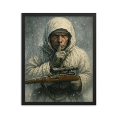 Simo Hayha in snow camouflage silence framed print on a plain backdrop in size 16"x20".