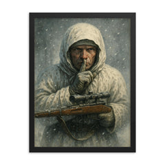 Simo Hayha in snow camouflage silence framed print on a plain backdrop in size 18"x24".