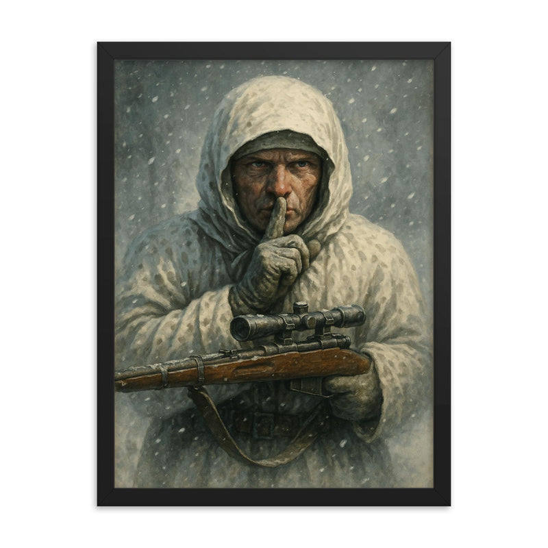 Simo Hayha in snow camouflage silence framed print on a plain backdrop in size 18