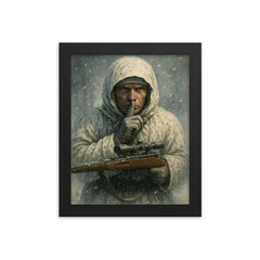 Simo Hayha in snow camouflage silence framed print on a plain backdrop in size 8"x10".