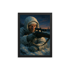Simo Hayha in snow camouflage twilight framed print on a plain backdrop in size 12"x16".