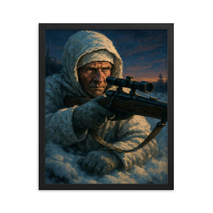 Simo Hayha in snow camouflage twilight framed print on a plain backdrop in size 16"x20".