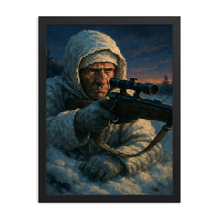 Simo Hayha in snow camouflage twilight framed print on a plain backdrop in size 18"x24".
