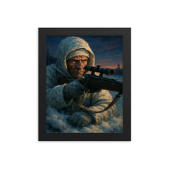 Simo Hayha in snow camouflage twilight framed print on a plain backdrop in size 8"x10".