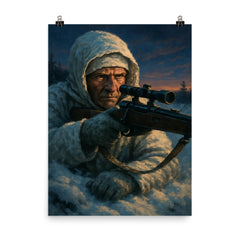 Simo Hayha in snow camouflage twilight poster on a plain backdrop in size 8"x10".