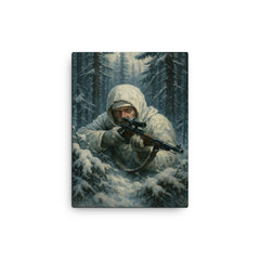 Simo Hayha in snowy forest ambush canvas print on a plain backdrop in size 12"x16".