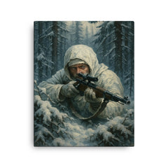 Simo Hayha in snowy forest ambush canvas print on a plain backdrop in size 16"x20".