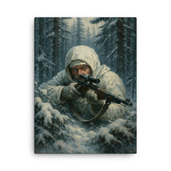 Simo Hayha in snowy forest ambush canvas print on a plain backdrop in size 18"x24".