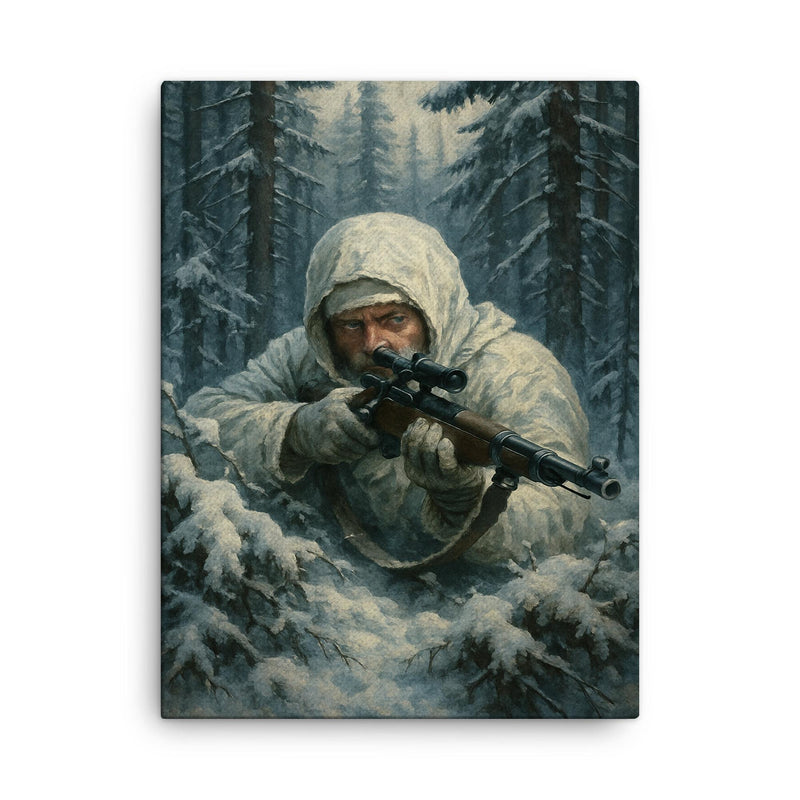 Simo Hayha in snowy forest ambush canvas print on a plain backdrop in size 18