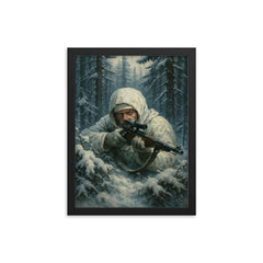 Simo Hayha in snowy forest ambush framed print on a plain backdrop in size 12"x16".