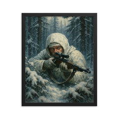 Simo Hayha in snowy forest ambush framed print on a plain backdrop in size 16"x20".