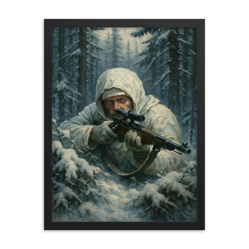 Simo Hayha in snowy forest ambush framed print on a plain backdrop in size 18