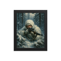 Simo Hayha in snowy forest ambush framed print on a plain backdrop in size 8"x10".