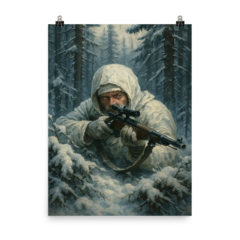 Simo Hayha in snowy forest ambush poster on a plain backdrop in size 8