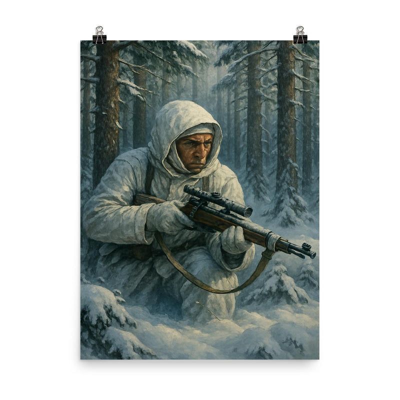 Simo Hayha in white camouflage among silent pines poster on a plain backdrop in size 8