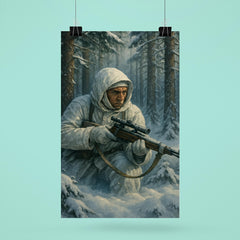 Simo Hayha in white camouflage among silent pines poster 6