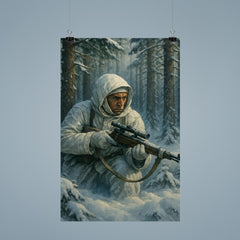 Simo Hayha in white camouflage among silent pines poster 9