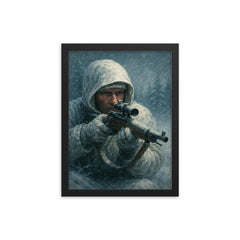 Simo Hayha in white camouflage and frozen silence framed print on a plain backdrop in size 12"x16".