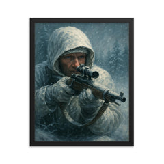 Simo Hayha in white camouflage and frozen silence framed print on a plain backdrop in size 16"x20".
