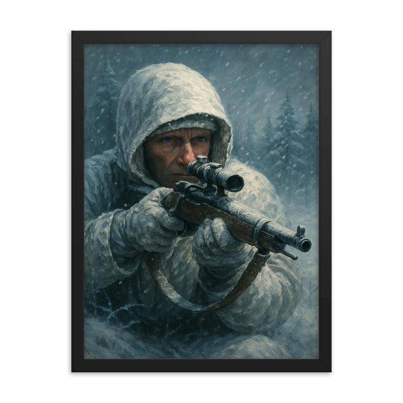 Simo Hayha in white camouflage and frozen silence framed print on a plain backdrop in size 18