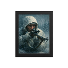 Simo Hayha in white camouflage and frozen silence framed print on a plain backdrop in size 8"x10".