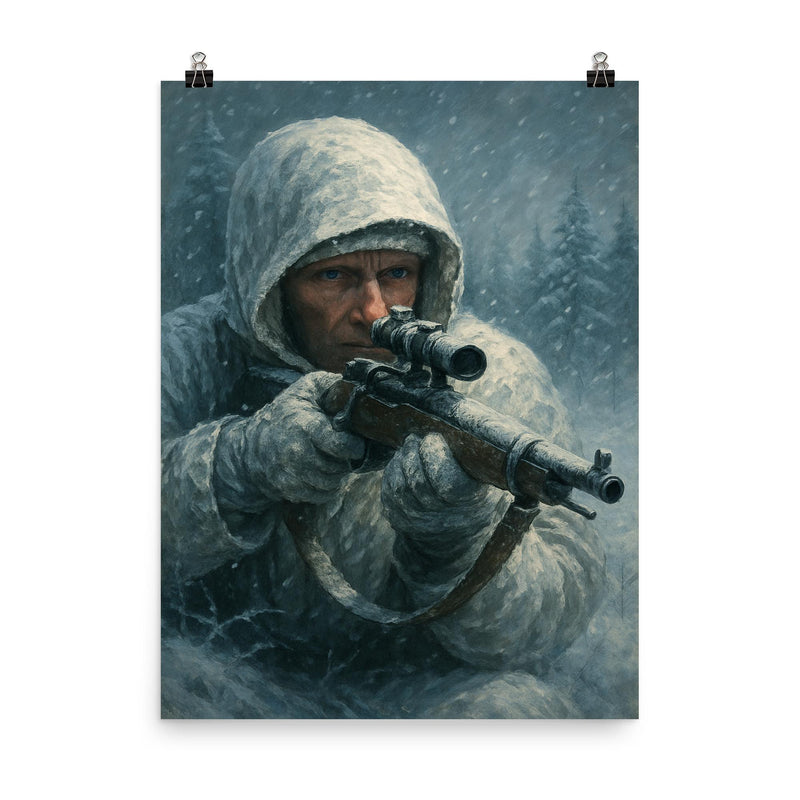Simo Hayha in white camouflage and frozen silence poster on a plain backdrop in size 8