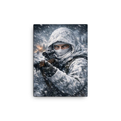 Simo Hayha in white camouflage icy stare canvas print on a plain backdrop in size 12"x16".