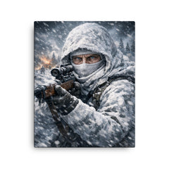 Simo Hayha in white camouflage icy stare canvas print on a plain backdrop in size 16"x20".