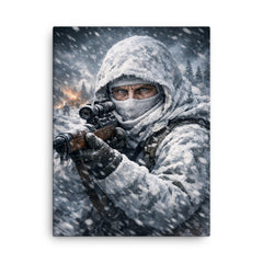 Simo Hayha in white camouflage icy stare canvas print on a plain backdrop in size 18"x24".