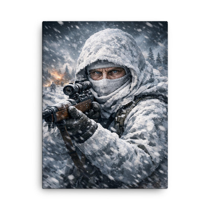 Simo Hayha in white camouflage icy stare canvas print on a plain backdrop in size 18