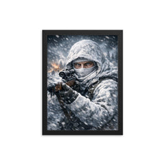 Simo Hayha in white camouflage icy stare framed print on a plain backdrop in size 12"x16".
