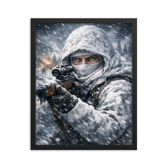 Simo Hayha in white camouflage icy stare framed print on a plain backdrop in size 16"x20".