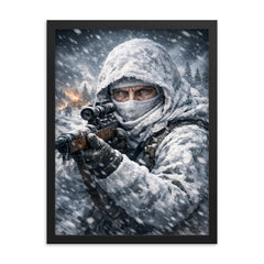 Simo Hayha in white camouflage icy stare framed print on a plain backdrop in size 18"x24".