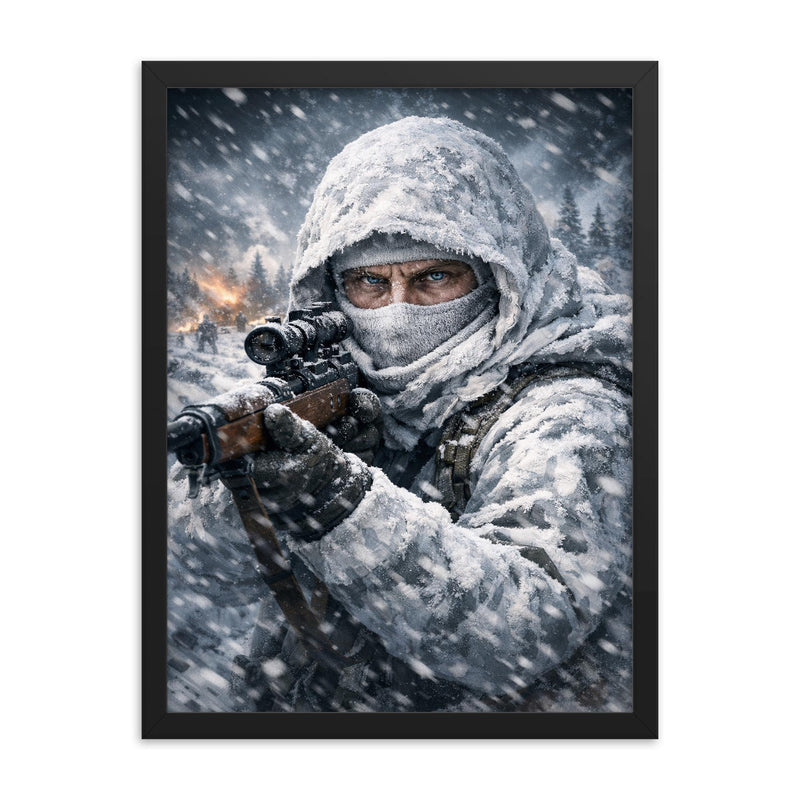 Simo Hayha in white camouflage icy stare framed print on a plain backdrop in size 18