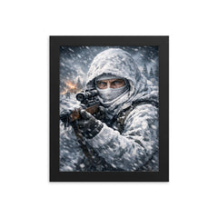 Simo Hayha in white camouflage icy stare framed print on a plain backdrop in size 8"x10".