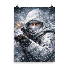 Simo Hayha in white camouflage icy stare poster on a plain backdrop in size 8"x10".