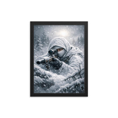 Simo Hayha in white camouflage silence framed print on a plain backdrop in size 12"x16".