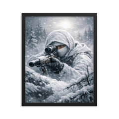 Simo Hayha in white camouflage silence framed print on a plain backdrop in size 16"x20".
