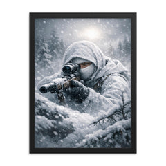 Simo Hayha in white camouflage silence framed print on a plain backdrop in size 18"x24".